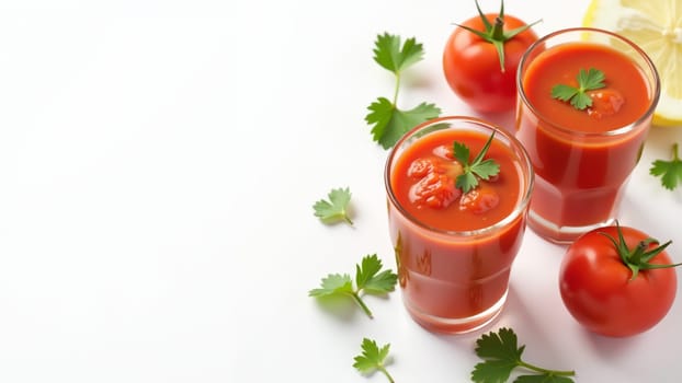 Two vibrant glasses of tomato juice are garnished with fresh herbs, surrounded by ripe tomatoes and citrus. The composition emphasizes freshness and healthy living, inviting enjoyment.
