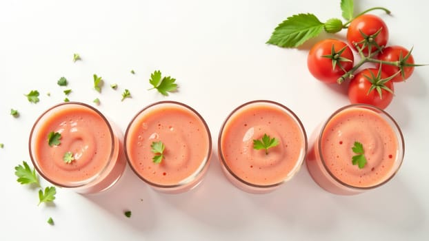 Two vibrant glasses of tomato juice are garnished with fresh herbs, surrounded by ripe tomatoes and citrus. The composition emphasizes freshness and healthy living, inviting enjoyment.