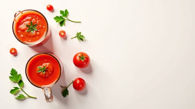 Two clear glasses filled with vibrant tomato juice stand on a clean surface. Fresh herbs and ripe tomatoes add a touch of color and freshness, perfect for a healthy refreshment.