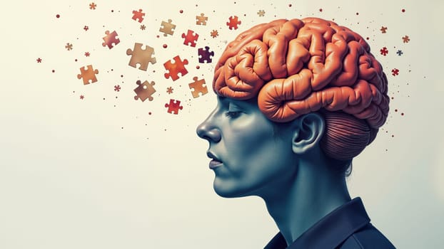 Exploring the depths of creativity, a vibrant blue silhouette reveals a brain bursting with colorful puzzle pieces, symbolizing the intricate connection between thoughts and imagination.