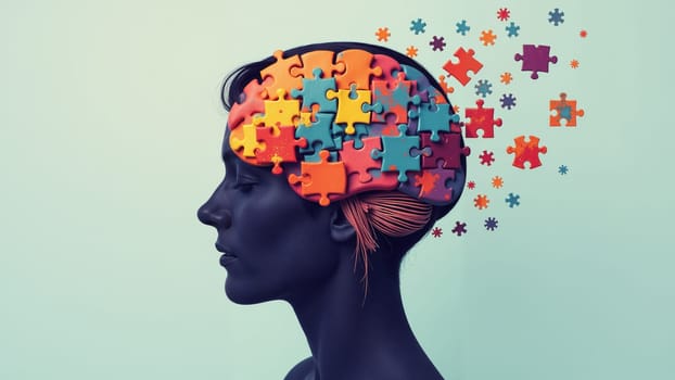 A woman profiles her silhouette with vibrant puzzle pieces symbolizing her complex thoughts and creativity. The colorful pieces float around her, illustrating the intricate nature of the mind.