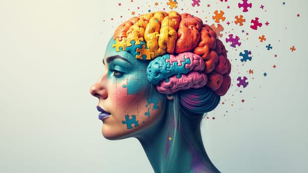 A woman profiles her silhouette with vibrant puzzle pieces symbolizing her complex thoughts and creativity. The colorful pieces float around her, illustrating the intricate nature of the mind.