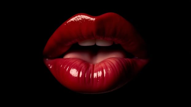 Luscious red lips stand out in striking contrast to the darkness, inviting a sense of intimate boldness and seduction. The glossy finish catches the light, enhancing their captivating appeal.