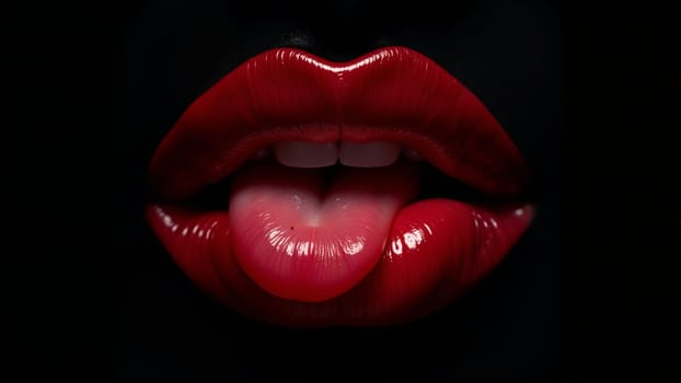 Luscious red lips stand out in striking contrast to the darkness, inviting a sense of intimate boldness and seduction. The glossy finish catches the light, enhancing their captivating appeal.
