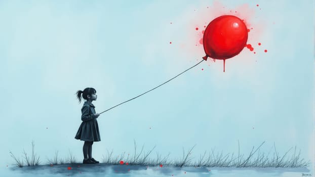 In a tranquil setting, a young girl in a dark dress grips a bright red balloon, which drips with color. The soft hues and isolation create an atmosphere of longing and innocence.