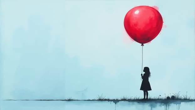 In a tranquil setting, a young girl in a dark dress grips a bright red balloon, which drips with color. The soft hues and isolation create an atmosphere of longing and innocence.