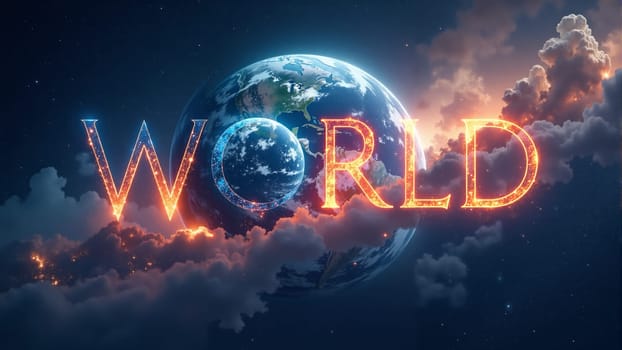In a captivating cosmic display, the planet Earth glows brightly beneath the word World, surrounded by colorful clouds and distant stars, creating a surreal and enchanting atmosphere.