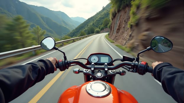 Feeling the rush of the wind while cruising on an orange motorcycle, surrounded by majestic mountains and vibrant greenery, the open road beckons adventure under a cloudy sky.