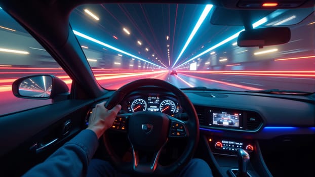 A driver grips the steering wheel, navigating a tunnel filled with vivid blue and red lights, creating an exhilarating sense of speed and excitement during an exhilarating nighttime journey.