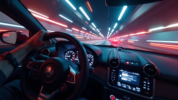A driver grips the steering wheel, navigating a tunnel filled with vivid blue and red lights, creating an exhilarating sense of speed and excitement during an exhilarating nighttime journey.