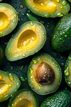 Avocados, a staple food in many cuisines, are green fruits that are cut in half with water drops on them, showcasing their natural beauty and freshness