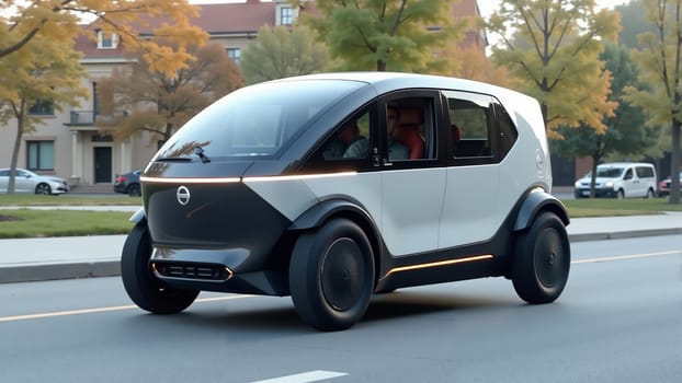 A modern electric vehicle with a stylish design stands on a bustling city street, illuminated by soft evening lights. The urban landscape creates a lively atmosphere, perfect for exploration.