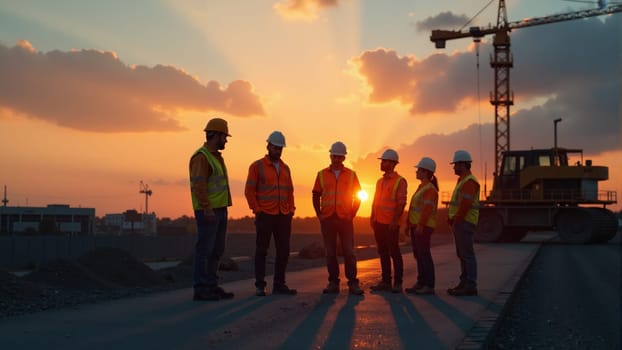 As dusk settles, a group of construction workers in safety gear converse and collaborate on a busy site. The golden sunset casts a warm glow, framing their silhouettes against towering machinery.