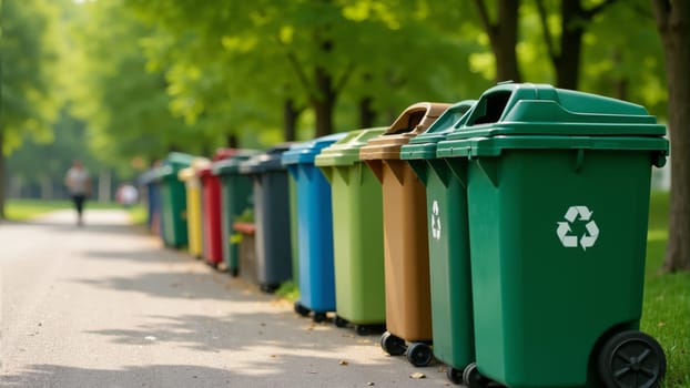 A vibrant row of recycling bins stands neatly along a tree-lined street, bathed in sunlight.