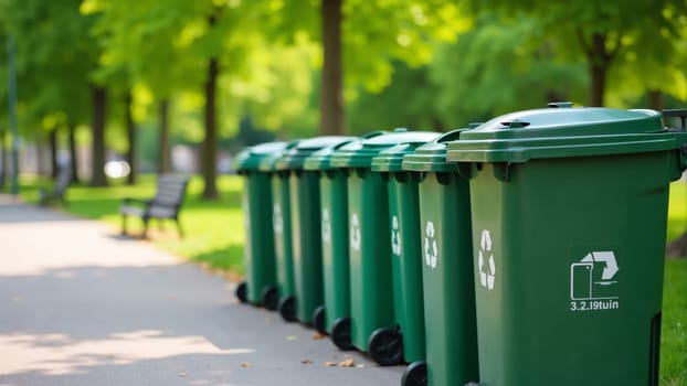 A vibrant row of recycling bins stands neatly along a tree-lined street, bathed in sunlight.