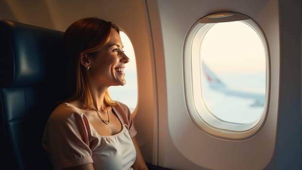 A young woman smiles radiantly as she gazes out the airplane window, soaking in the tranquil sunset and the vast sky while traveling to her next adventure.
