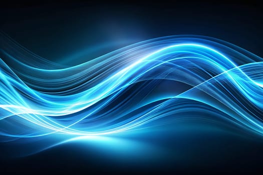 Vibrant blue light waves intertwine against a dark background, creating an energetic and fluid visual effect, suggesting movement and depth.