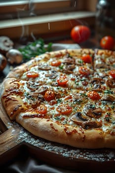 A Californiastyle pizza topped with mushrooms, tomatoes, and cheese is presented on a wooden cutting board, showcasing a delicious and savory dish