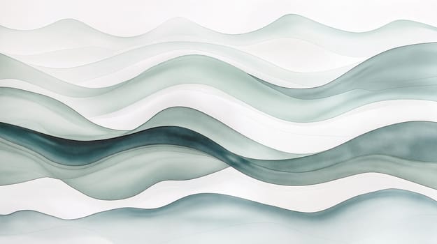 Softly undulating waves in shades of green and blue create a calming abstract composition. The artwork evokes tranquility and a sense of movement across a minimalist background - Generative AI