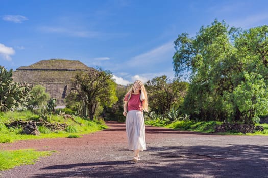 Female tourist exploring Teotihuacan, Mexico. Cultural heritage, ancient ruins, and archaeological adventure concept.