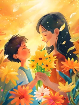 Mother and child sharing flowers, surrounded by sunlight and colorful blooms.