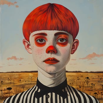 An art piece depicting a clown with fiery red hair, freckles on forehead and cheek, expressive eyebrow, vibrant eye, and whimsical expression against a blue sky backdrop