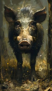 A terrestrial animal, wild boar, with fur and a snout, standing in the woods at an art event. The wildlife is captured in the darkness, looking at the camera