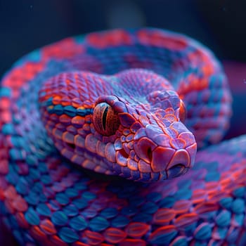 A closeup of a vibrant snake with scales that shimmer in electric blue, set against a deep underwater background. This reptile, with its mesmerizing eye, is a fascinating organism in marine biology
