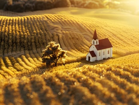 A small church is nestled in the grassy plain of a natural landscape, surrounded by fields and woodlands in the Ecoregion. The picturesque scene blends elements of agriculture and the grass family