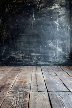 An empty room with hardwood flooring made of composite material, featuring waterbased wood stain tints and shades, contrasting with a black wall resembling asphalt road surface