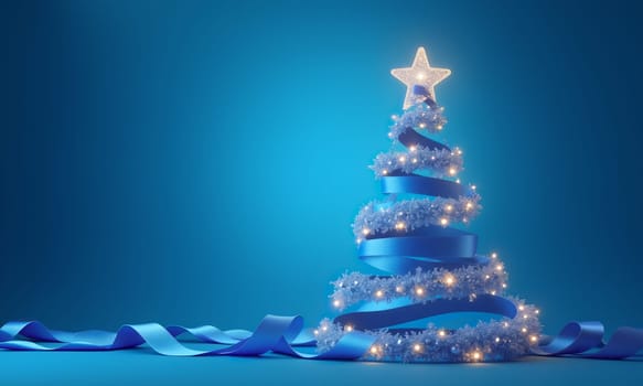 A decorative Christmas tree features vibrant blue ribbon and twinkling lights, crowned with a star, creating a festive atmosphere - Generative AI