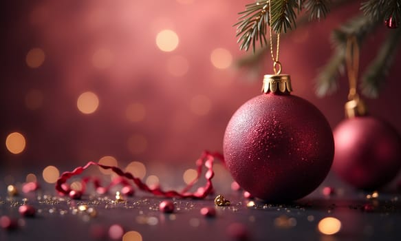 Red ornaments dangle from a tree branch, glistening against a backdrop of soft, warm lights and scattered decorations, creating a cheerful holiday atmosphere - Generative AI