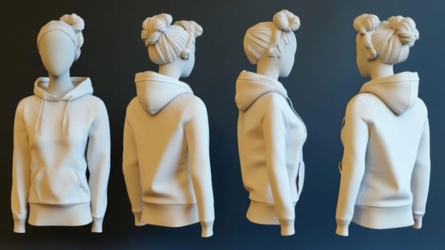 Four views of a female mannequin wearing a blank white hoodie, perfect for showcasing your apparel designs. The mannequin has her hair tied up in two buns