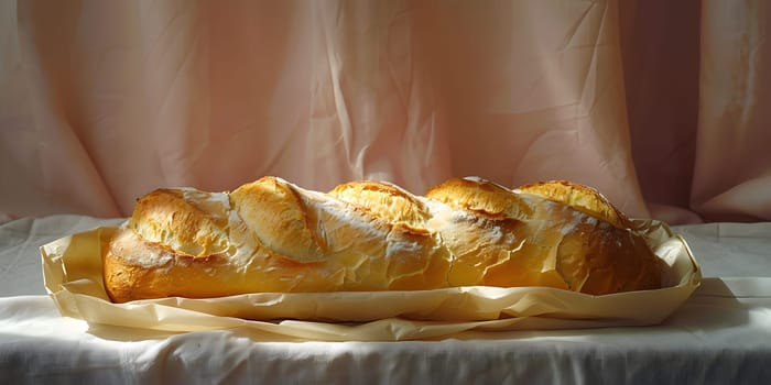 A loaf of bread, a staple food, is placed on a table wrapped in wax paper. This baked good is a common ingredient in various cuisines and dishes, perfect for a quick snack or as part of a recipe