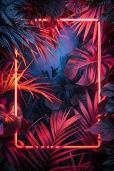 An electric blue neon frame is adorned with tropical leaves, set against a dark sky background. The artistic display creates a striking pattern in the darkness, resembling automotive lighting