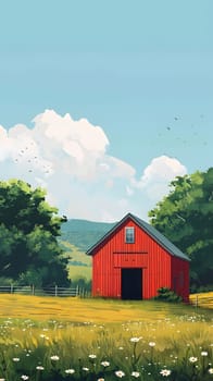A red barn stands in the center of a vast field, surrounded by a picturesque natural landscape with green grass, trees, and a peaceful sky filled with fluffy clouds