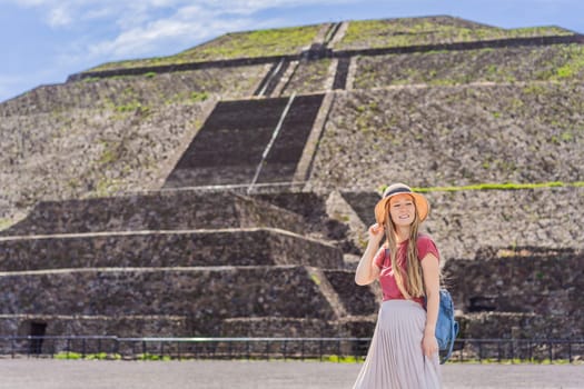 Female tourist exploring Teotihuacan, Mexico. Cultural heritage, ancient ruins, and archaeological adventure concept.