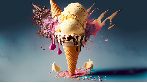 colorful chaos, the ice cream remains the focal point. explosion of Ice Cream. Summer time. 3D illustration, 3D rendering. futuristic realistic 3d creative concept design. High quality photo
