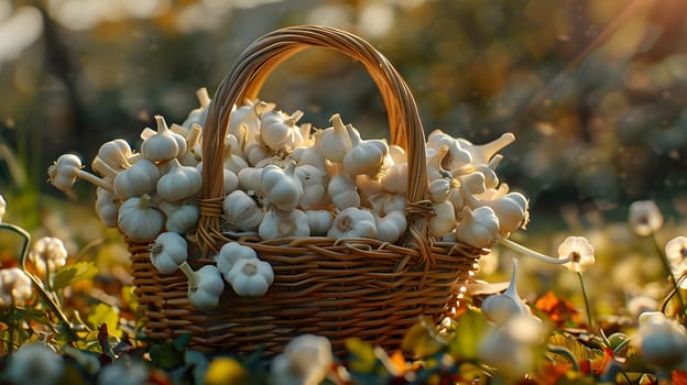 A wicker basket filled with garlic is nestled among the flowers in a grassy field, blending beautifully with the natural landscape