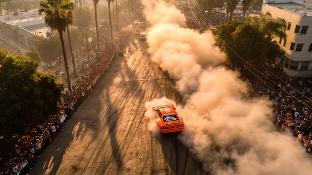 Powerful sports cars race through city streets at sunset, leaving a trail of smoke, thrilling spectators with high speed action