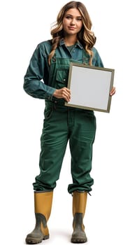 A woman in green outerwear and yellow boots is holding a picture frame, smiling with a gesture of her thumb. Her fashion accessory includes a collar, creating a stylish uniform look for the event