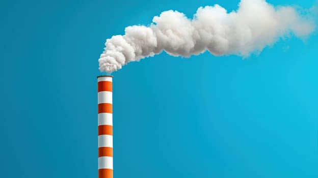 Industrial smokestack releasing steam against clear blue sky.