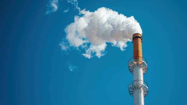 Industrial smokestack releasing steam against clear blue sky.