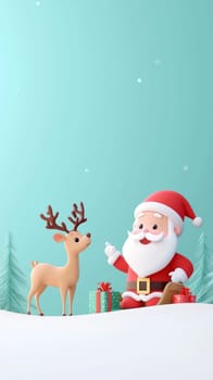 Cute Santa Claus and reindeer sitting in snow, spreading joy and cheer.