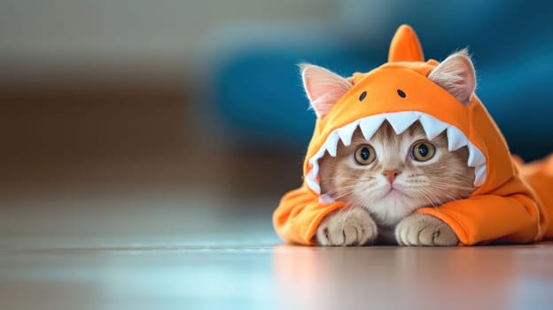 Cute ginger cat wearing shark suit, looking playful and curious.