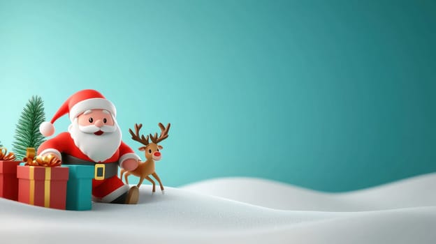 Cute Santa Claus and reindeer sitting in snow with gifts, spreading joy.