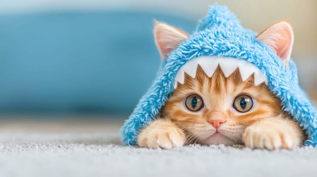 Cuddly ginger cat wearing blue shark suit, looking playful and adorable.