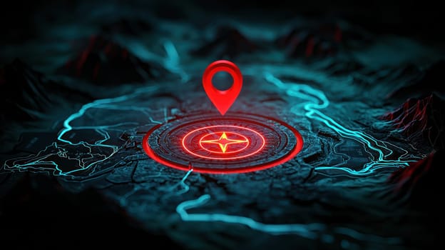 vibrant map with glowing location pin, showcasing navigation and discovery.