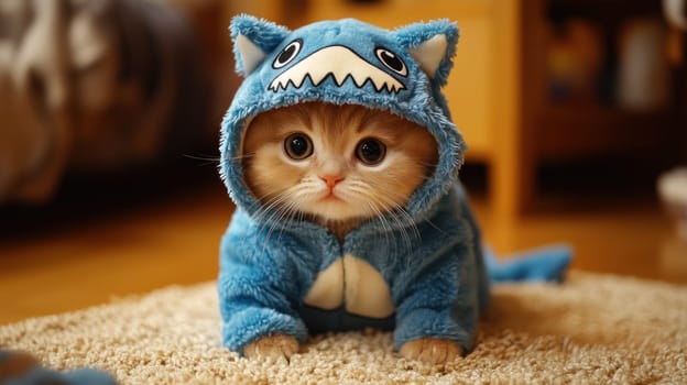 Cute ginger cat wearing blue shark suit, looking playful and adorable.
