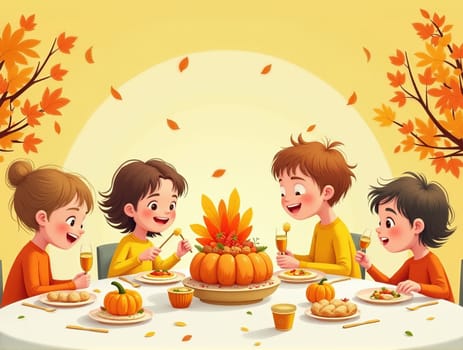 Cheerful Kids Celebrating Thanksgiving at Festive Table: Cute Cartoon Illustration in Autumn Colors. Adorable Kawaii-Style Scene with Fall Decorations and a Joyful Family Gathering. Cheerful Kids Celebrating Thanksgiving at Festive Table: Cute Cartoon Illustration in Autumn Colors. Adorable Kawaii-Style Scene with Fall Decorations and a Joyful Family Gathering.